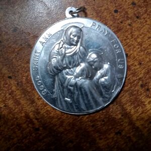 Good Saint Ann Pray For Us Pendant.  Antique. ALIMUMINUM. 1.5 in.